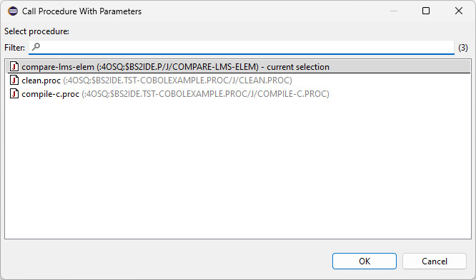Call procedure with parameters selection