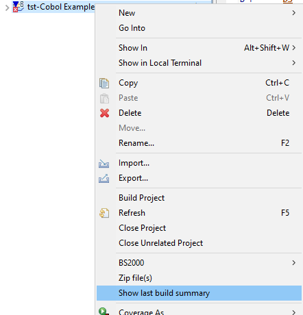 Context menu in Project Explorer with chosen Show last Build Summary option