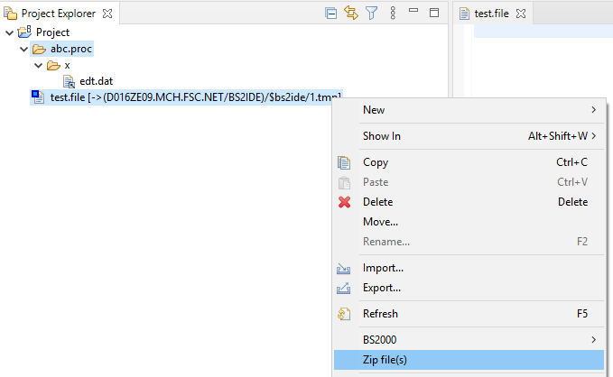 Context menu in Project Explorer with chosen Zip file(s) option