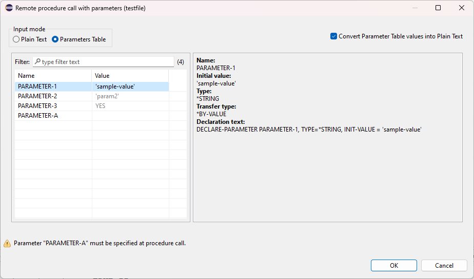 Remote call procedure with parameters dialog